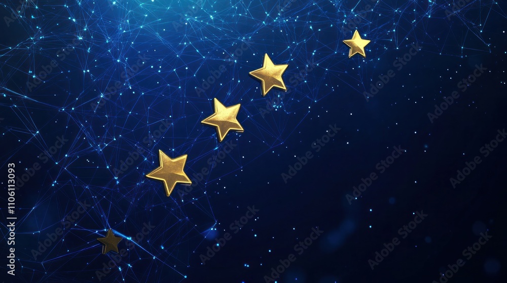 Fototapeta premium A digital low-poly style design of a five-star review above a chat bubble.