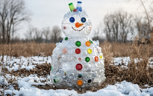 Snowman Made of Plastic Bottles A sustainable snowman made from recycled plastic bottles, with caps for buttons and colorful bottle caps as eyes, standing in an eco-themed setting photo