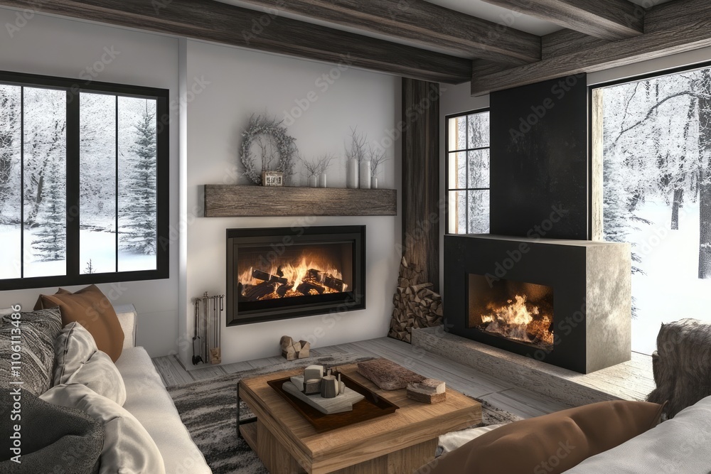 Cozy Winter Living Room With Two Fireplaces And Snow View Cozy Winter Living Room With Two Fireplaces And Snow View
