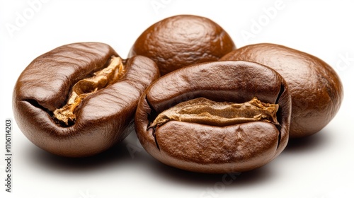 Close-up of rich, dark roasted coffee beans with a glossy finish, ideal for use in culinary publications, coffee shop branding, or product packaging related to coffee and beverages, photo