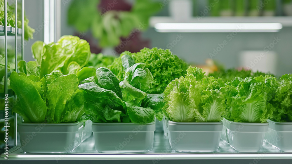Fresh green lettuce varieties in white containers, showcasing vibrant colors and textures Fresh green lettuce varieties in white containers, showcasing vibrant colors and textures