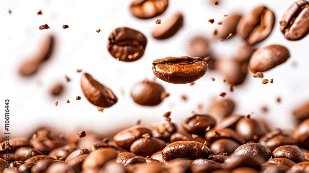 A close-up shot of flying coffee beans against a blurred background, highlighting their rich texture and color, Ideal for coffee-related content, marketing, or culinary designs, A close-up shot of flying coffee beans against a blurred background, highlighting their rich texture and color, Ideal for coffee-related content, marketing, or culinary designs,