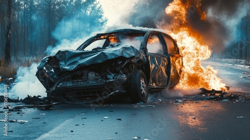 A dramatic scene of a car rollover accident, with smoke and flames visible.

