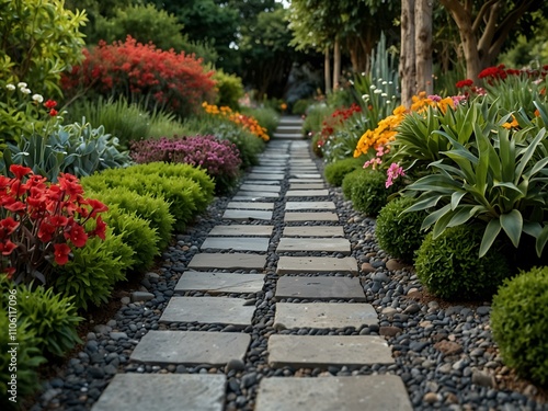 Garden path with grey stone border and vibrant plants.