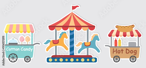 Set of cute stickers with cotton candy machine cart, carousel with horses and hot dog cart. Cartoon illustration on gray isolated background	