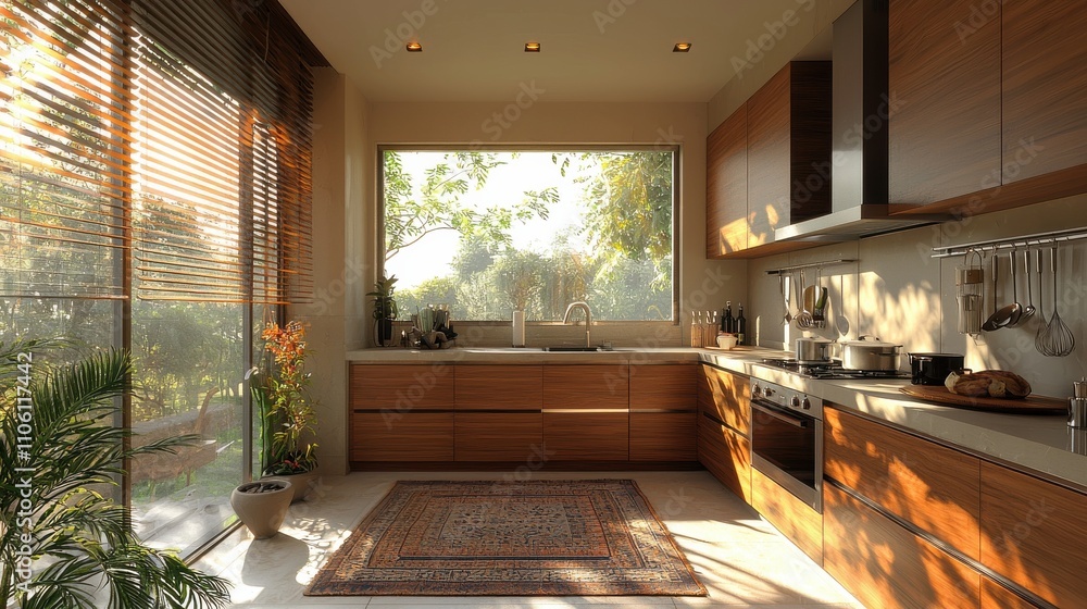 Fototapeta premium Modern kitchen with large window overlooking a garden during a sunny afternoon in a residential home