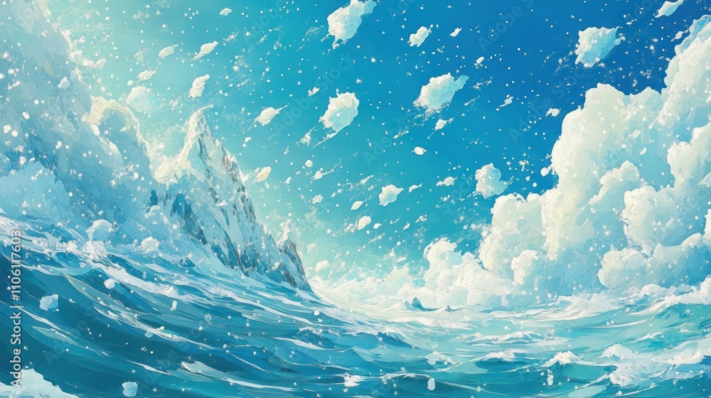 A serene ocean scene with waves and clouds under a bright blue sky. A serene ocean scene with waves and clouds under a bright blue sky.