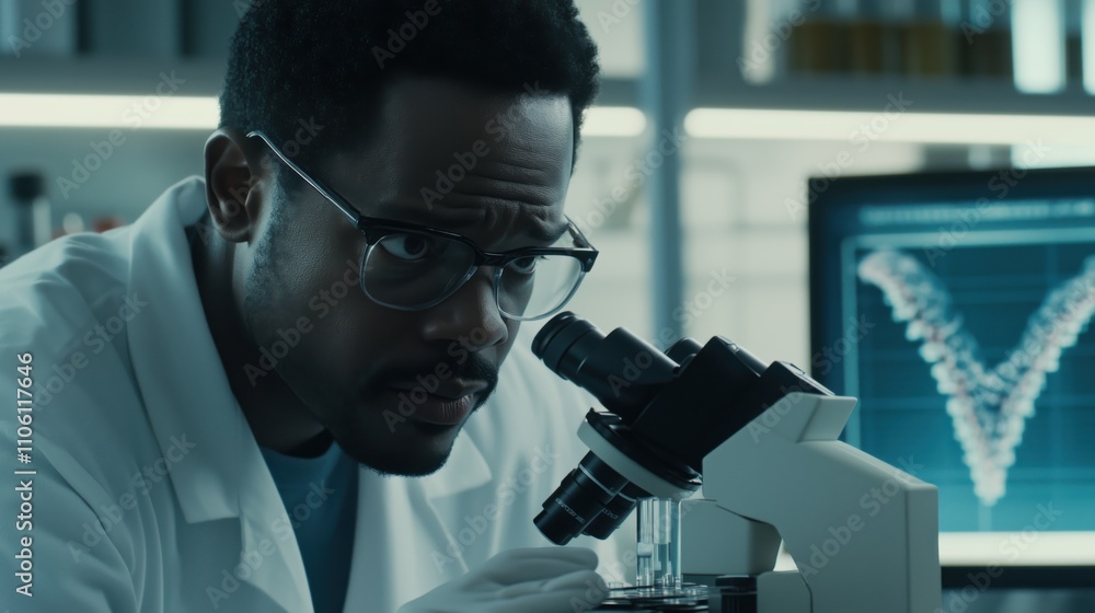 A man in a lab coat is looking at a computer screen with a DNA symbol on it. He is wearing safety goggles and gloves A man in a lab coat is looking at a computer screen with a DNA symbol on it. He is wearing safety goggles and gloves