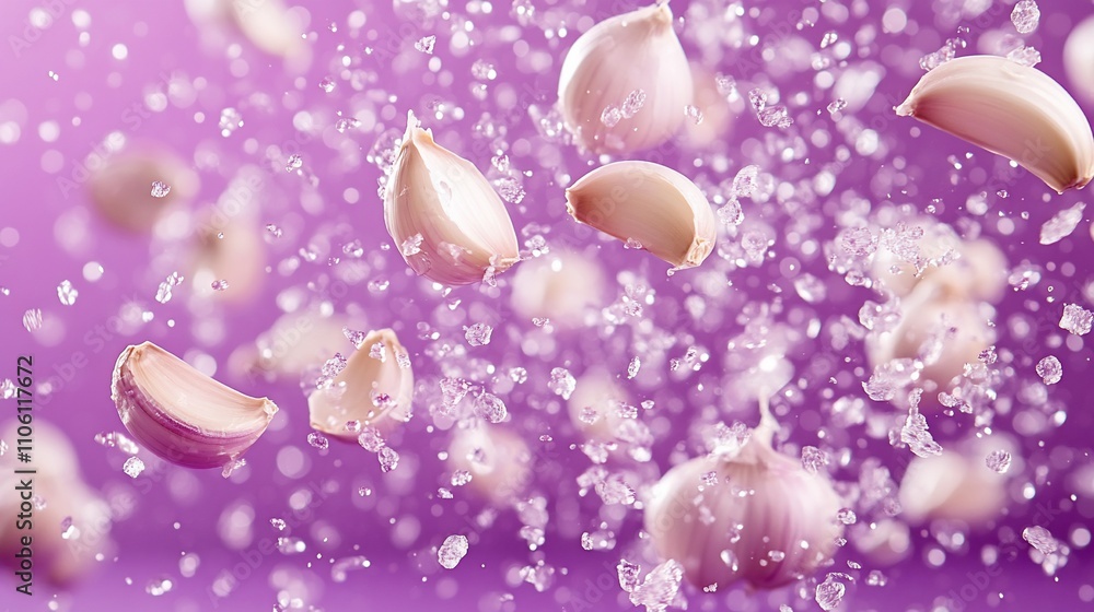 Fresh garlic cloves and pieces levitate against a purple background with water droplets. Fresh garlic cloves and pieces levitate against a purple background with water droplets.