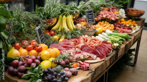 People group catering buffet food indoor in restaurant with meat colorful fruits and vegetables. world winning photo created by ai