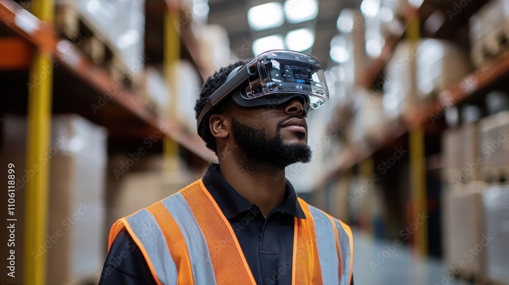 Warehouse Worker Using AR Headset for Navigation Warehouse Worker Using AR Headset for Navigation
