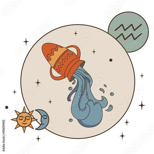 Jug of water in a circle with stars, moon and sun. Aquarius is a zodiac sign. Postcard vintage flat vector illustration. Eps10