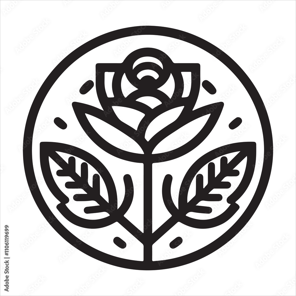 Graphic silhouettes of a rose emblem set on a white background Graphic silhouettes of a rose emblem set on a white background