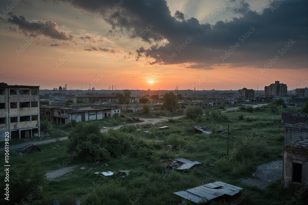 Postwar Ruins of a Town Embraced by Nature at Sunset Postwar Ruins of a Town Embraced by Nature at Sunset