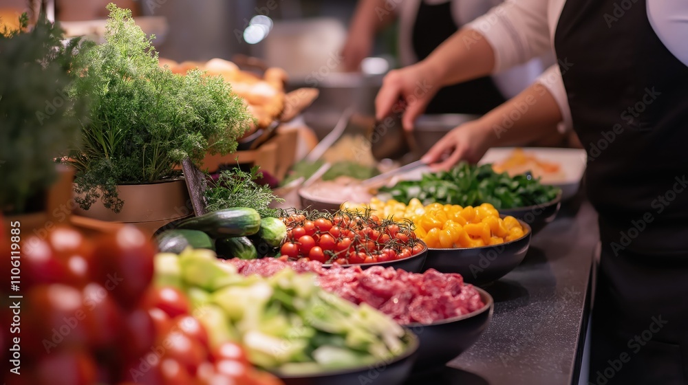 People group catering buffet food indoor in restaurant with meat colorful fruits and vegetables. world winning photo created by ai People group catering buffet food indoor in restaurant with meat colorful fruits and vegetables. world winning photo created by ai