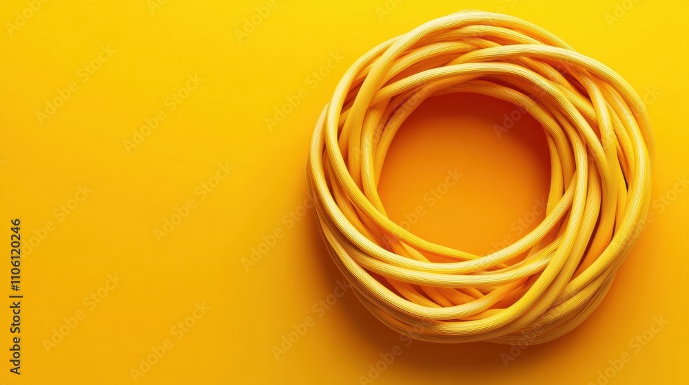 A neatly coiled bundle of yellow cables on a vibrant yellow background, AI A neatly coiled bundle of yellow cables on a vibrant yellow background, AI