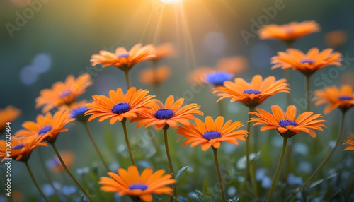 Vibrant blue and orange daisy flowers in a blurred natural background with bokeh effect photo