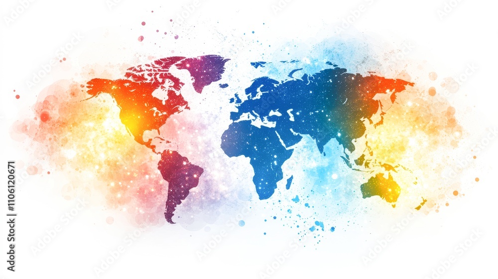 Fototapeta premium A vibrant watercolor world map with colorful splashes, ideal for travel blogs, educational materials, or global business presentations