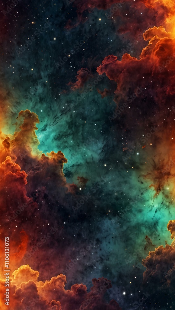 Fototapeta premium Geometric shapes with nebula textures in a fiery sky.