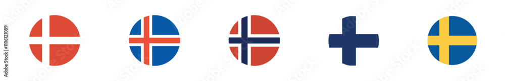 A collection of isolated round vector flags representing the Nordic countries with a simple, modern design. Vector images are isolated on a transparent background. A collection of isolated round vector flags representing the Nordic countries with a simple, modern design. Vector images are isolated on a transparent background.