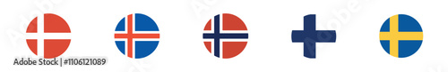 A collection of isolated round vector flags representing the Nordic countries with a simple, modern design. Vector images are isolated on a transparent background.