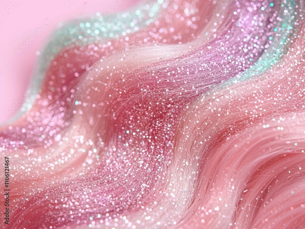 Obraz premium A vibrant, shimmering wave of pastel-colored hair with sparkles, blending pink and mint hues against a soft background.