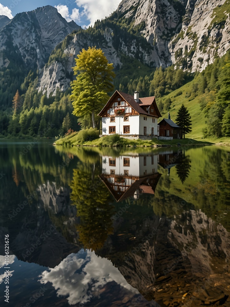 Fototapeta premium German lodge reflected in Lake Obersee.