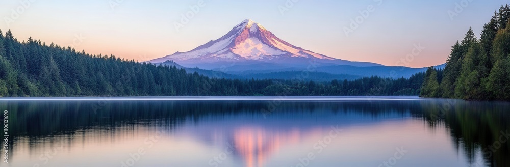 Morning sunlight illuminates a volcanic mountain, its image mirrored perfectly in the serene surface of a lake Morning sunlight illuminates a volcanic mountain, its image mirrored perfectly in the serene surface of a lake