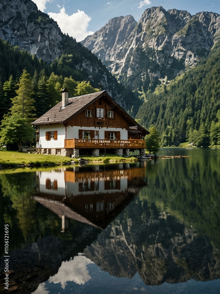 Fototapeta premium German lodge reflected in Lake Obersee.