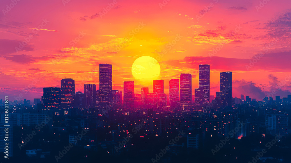 Fototapeta premium Silhouette of towering skyscrapers set against a breathtaking fiery orange and pink sunset, capturing the beauty of an urban cityscape at dusk.