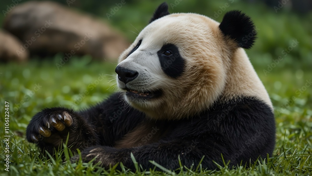 Obraz premium Giant panda relaxing on grass.