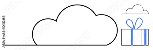Large cloud outline with a smaller cloud and wrapped gift box tied with a ribbon. Ideal for cloud computing, digital storage, online services, data security, technology solutions, file sharing