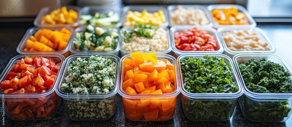 A close-up of fresh, chopped vegetables and grains arranged in clear plastic containers. A close-up of fresh, chopped vegetables and grains arranged in clear plastic containers.
