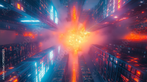 Exploring a vibrant urban skyline filled with dynamic colors and abstract shapes at dusk. Generative AI