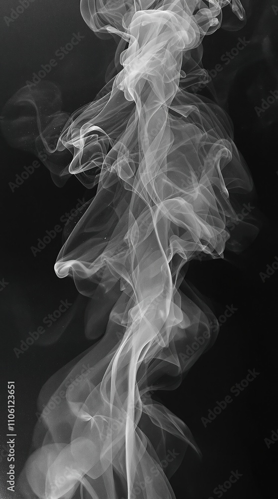 Obraz premium Faint gray smoke trails behind an invisible object on a black watercolor background, misty veil, abstract art