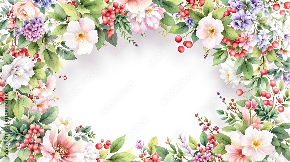 Fototapeta premium Floral wreath with watercolor elements and berries, greenery, branches