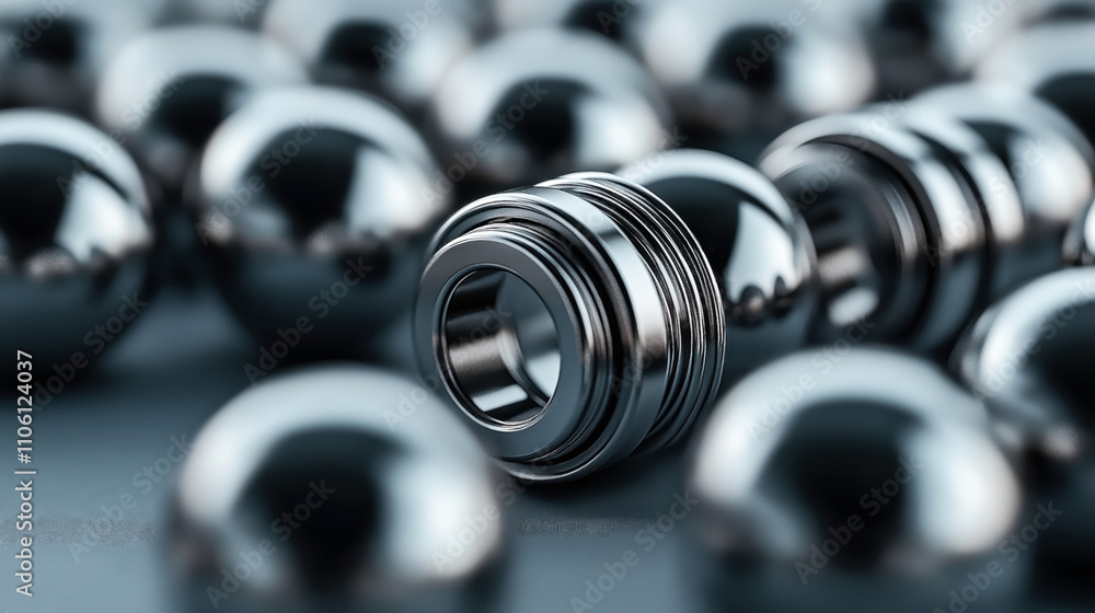 Close-up of reflective metallic spheres and bearings on a smooth surface with shallow depth of field, emphasizing industrial design and texture details Close-up of reflective metallic spheres and bearings on a smooth surface with shallow depth of field, emphasizing industrial design and texture details