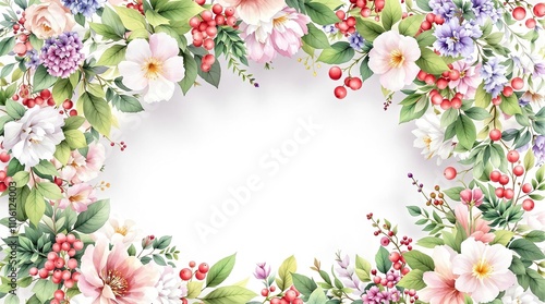 Floral wreath with watercolor elements and berries, greenery, branches