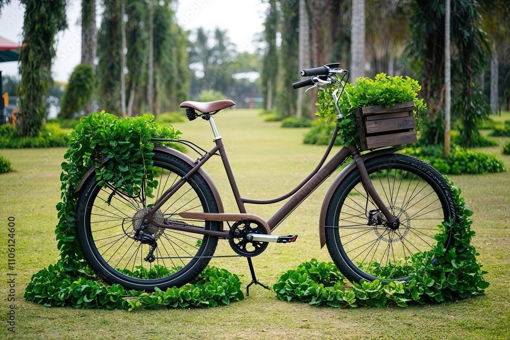 Rustic Bicycle Amidst Lush Green Vines for Sustainable Transport and Wellness Rustic Bicycle Amidst Lush Green Vines for Sustainable Transport and Wellness