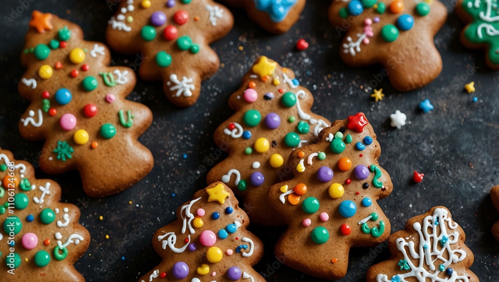 Gingerbread Christmas tree cookie with colorful icing and sprinkles. Gingerbread Christmas tree cookie with colorful icing and sprinkles.