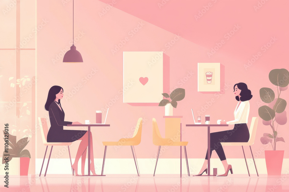 Gossip Workplace. A cozy cafe scene featuring two women engaged in conversation, surrounded by pastel colors and plants, creating a warm and inviting atmosphere. Gossip Workplace. A cozy cafe scene featuring two women engaged in conversation, surrounded by pastel colors and plants, creating a warm and inviting atmosphere.