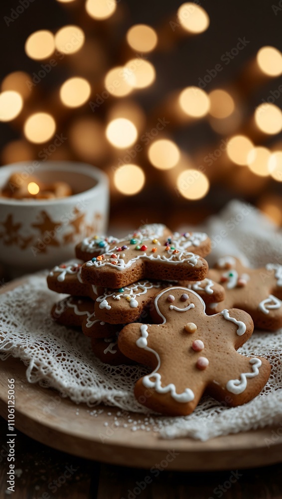 Gingerbread cookies and bokeh lights create a cozy holiday scene. Gingerbread cookies and bokeh lights create a cozy holiday scene.