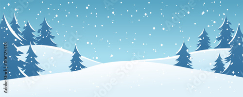 Winter hills in snowy weather. Winter landscape of forest, hills and snow. Winter nature vector illustration for Christmas design. The concept of hiking and travel.