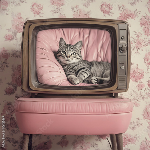 a 1950s tv screen displaying a black and white 24 mm photo of a cat reclining in a pink leather chair. Time period is the 1950's. She is wearing a floral patterned outfit. Photo is from the front
