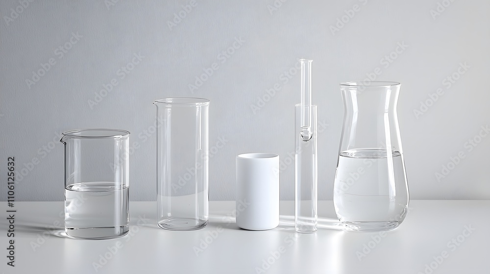 Close-up of graduated cylinders and pipettes neatly aligned on a spotless white surface. Close-up of graduated cylinders and pipettes neatly aligned on a spotless white surface.