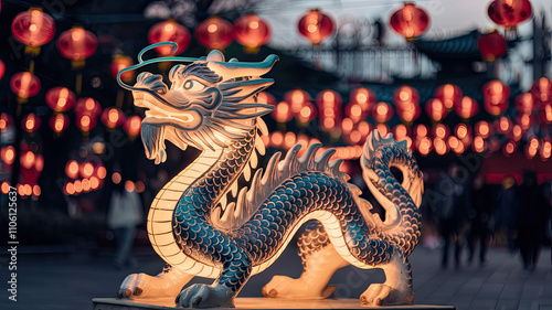 Exploring the Cultural Significance of the Dragon Statue Amidst Lanterns: A Symbol of Power and Tradition in Asian Heritage