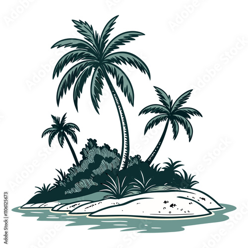 Tropical island set with palm trees, isolated vector on white and transparent background