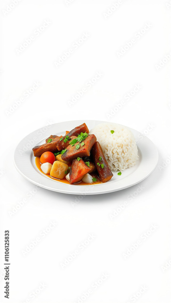meat dish with rice on a plate over a white background, bowl, table meat dish with rice on a plate over a white background, bowl, table