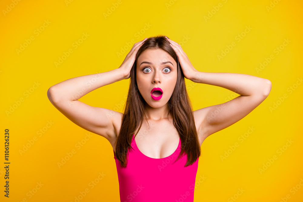 Omg wow incredible wtf Fun joy comic person concept. Close up photo portrait of funny funky pretty cute astonished student life-guard doesn't know what to do looking camera isolated bright background Omg wow incredible wtf Fun joy comic person concept. Close up photo portrait of funny funky pretty cute astonished student life-guard doesn't know what to do looking camera isolated bright background