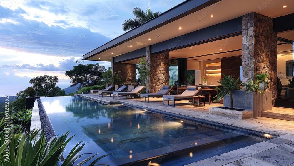 Fototapeta premium Modern Luxury Home with Outdoor Pool and Loungers at Night in Hawaii